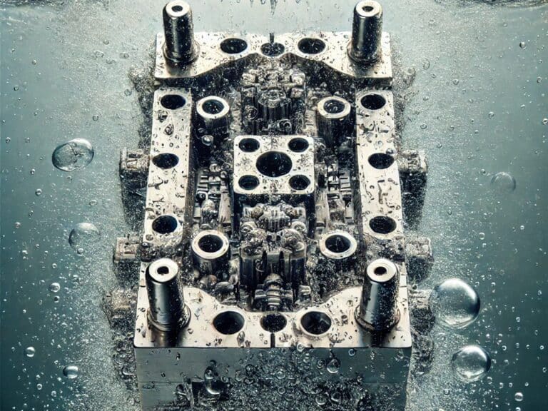 Intricate machine part surrounded by bubbly water as it is being washed in an Ultrasonic cleaner